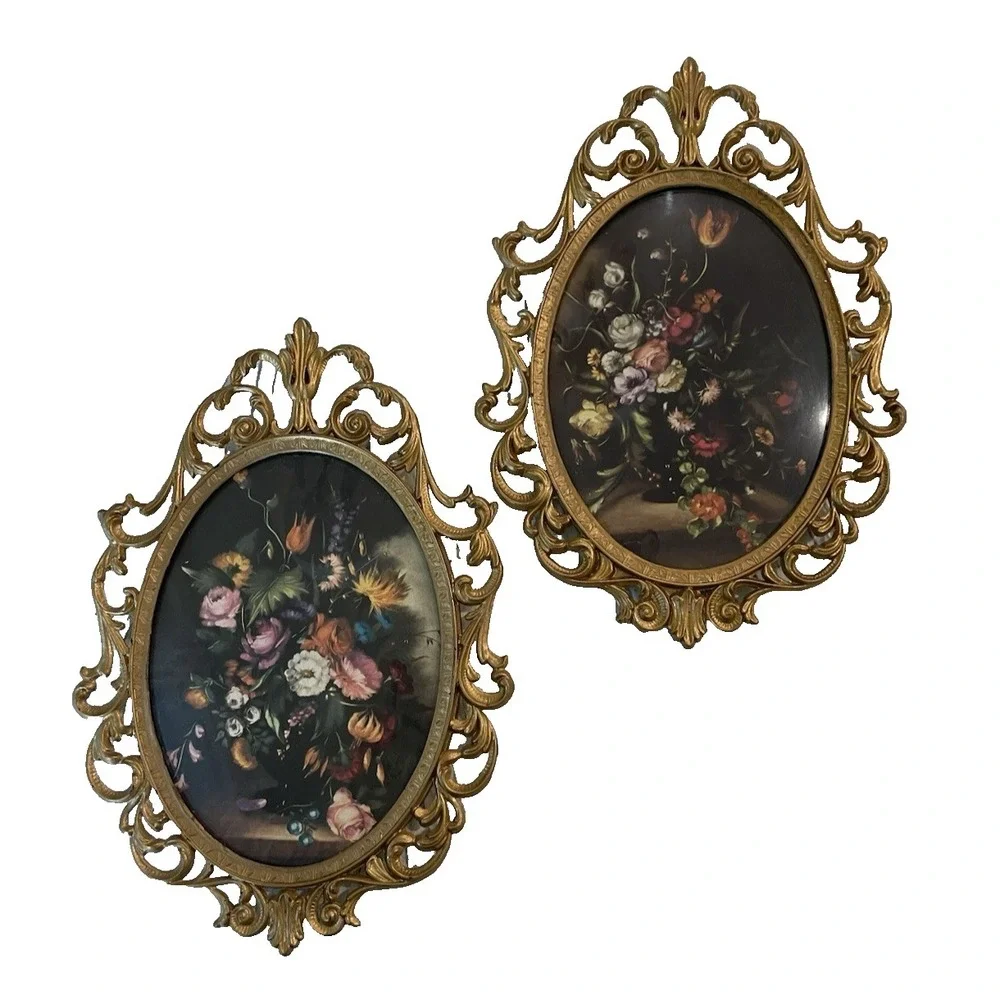 Pair (2) ‎ Vtg Italian Floral Print Ornate Brass Frame Convex Bubble Glass Italy